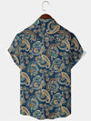 Men's Paisley Casual Vintage Print Button Up Navy Blue Short Sleeve Shirt