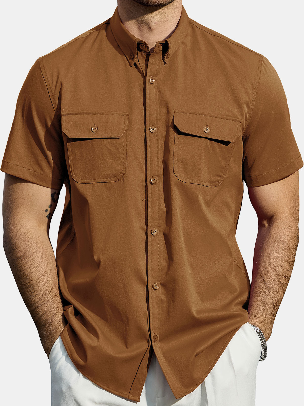 Men's Casual Solid Pocket Button Down Shirt