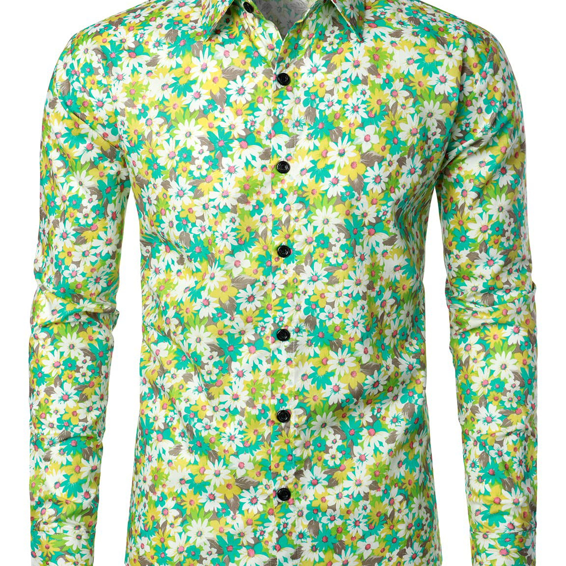 Camisa de vestir de manga larga con botones de flores y algodón floral vintage con margaritas verdes para hombre