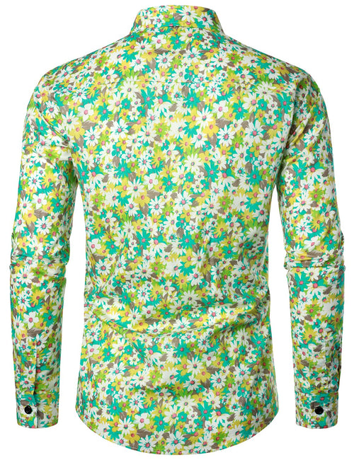 Men's Green Daisy Vintage Floral Cotton Flower Button Long Sleeve Dress Shirt