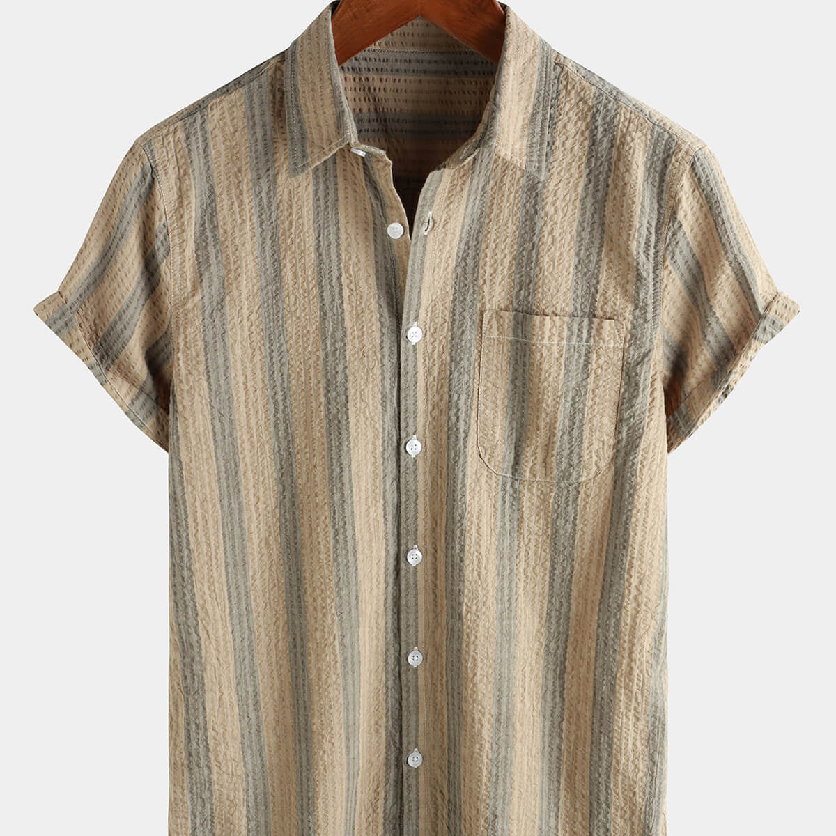 Camisa de manga corta con botones para vacaciones hawaianas con bolsillo informal de algodón a rayas para hombre