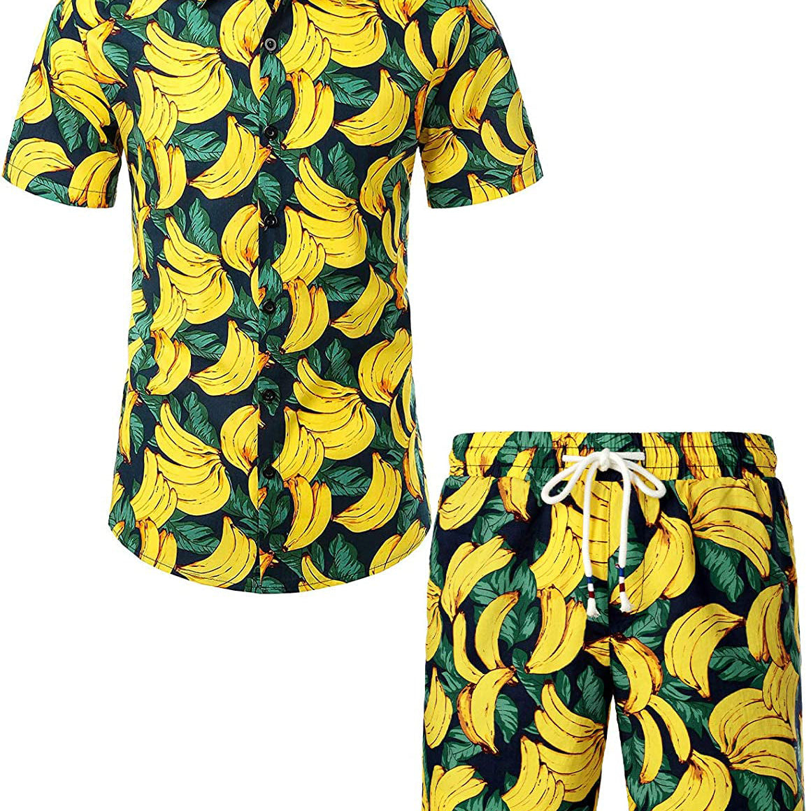 Men's Lemon Print Cotton Tropical Fruit Hawaiian Shirt and Shorts Set