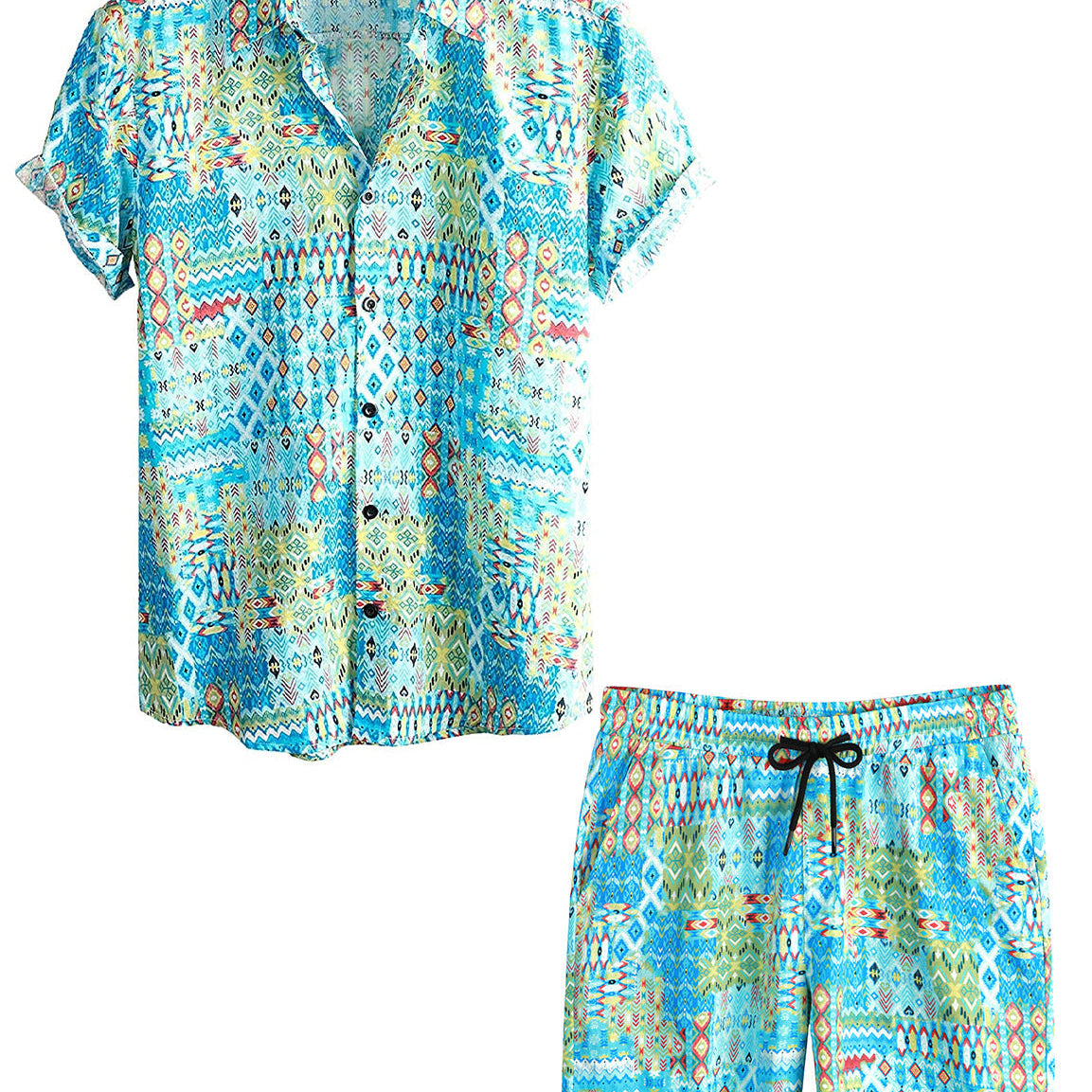 Men's Vintage Casual Button Up Matching Shirt and Shorts Set