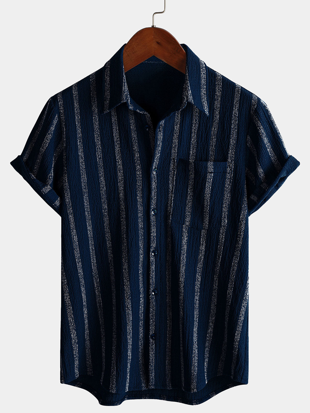 Men&#39;s Summer Striped Pocket Button Up Short Sleeve Hawaiian Shirt