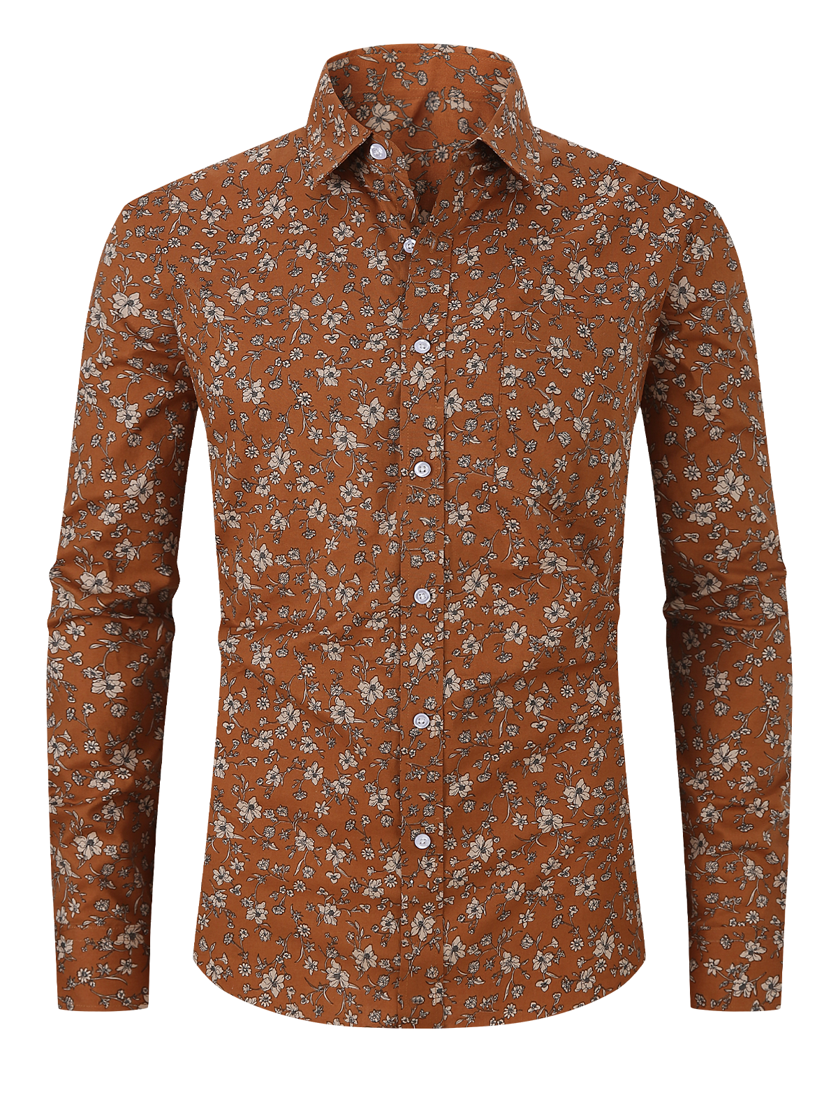 Men's Floral Print Button Up Brown Vintage Long Sleeve Dress Shirt
