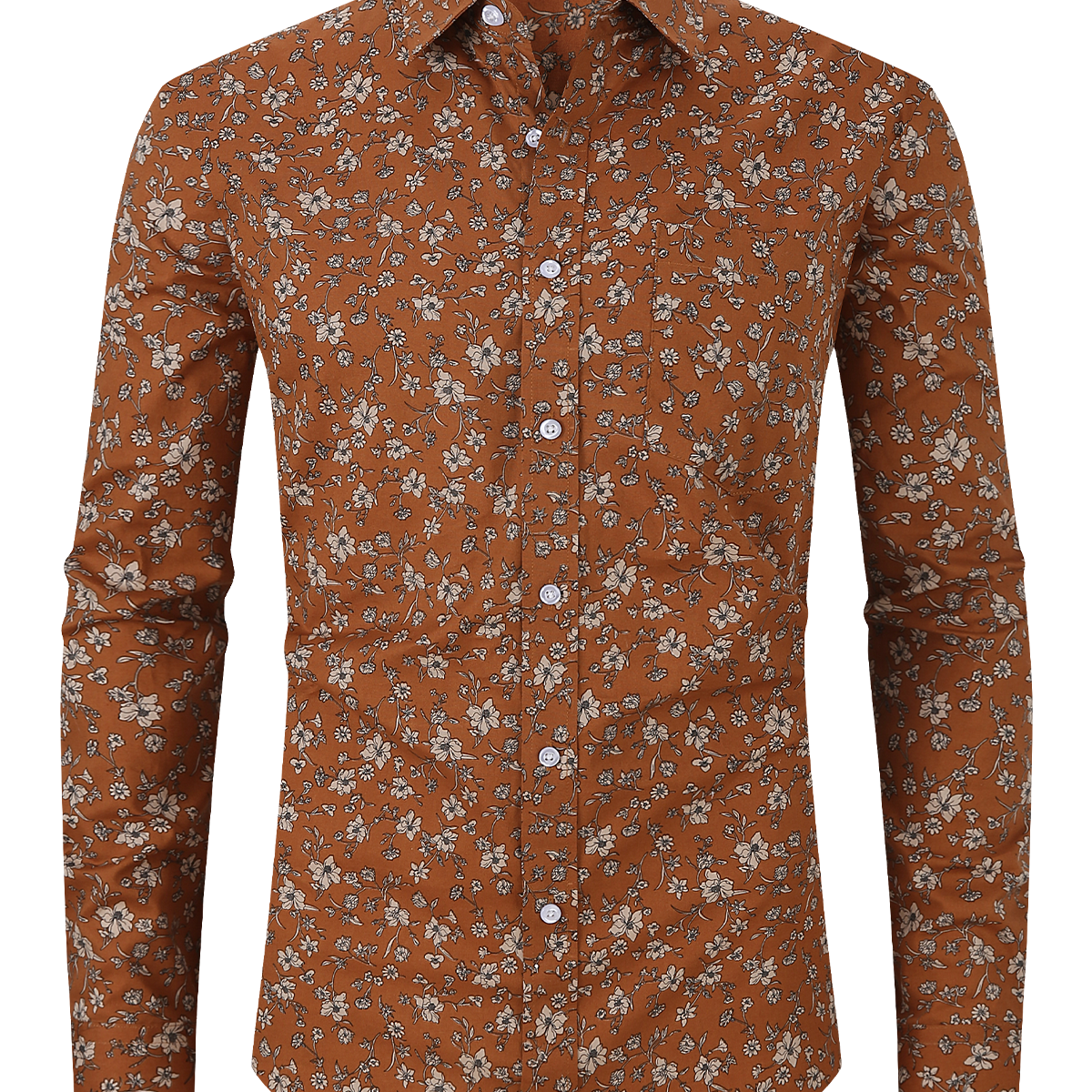 Camisa de vestir de manga larga vintage marrón con botones y estampado floral para hombre