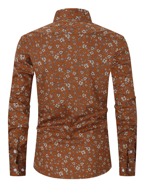 Men's Floral Print Button Up Brown Vintage Long Sleeve Dress Shirt