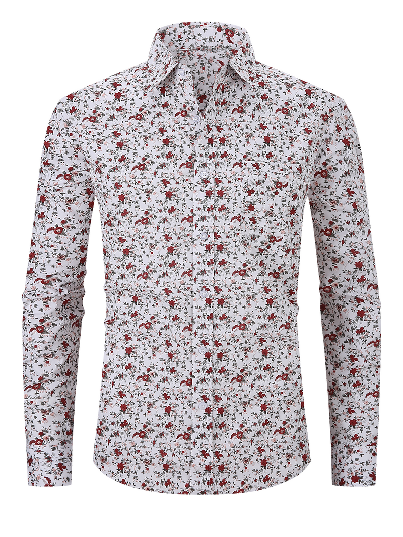 Men's Floral Print Vintage Button Up Long Sleeve Dress Shirt