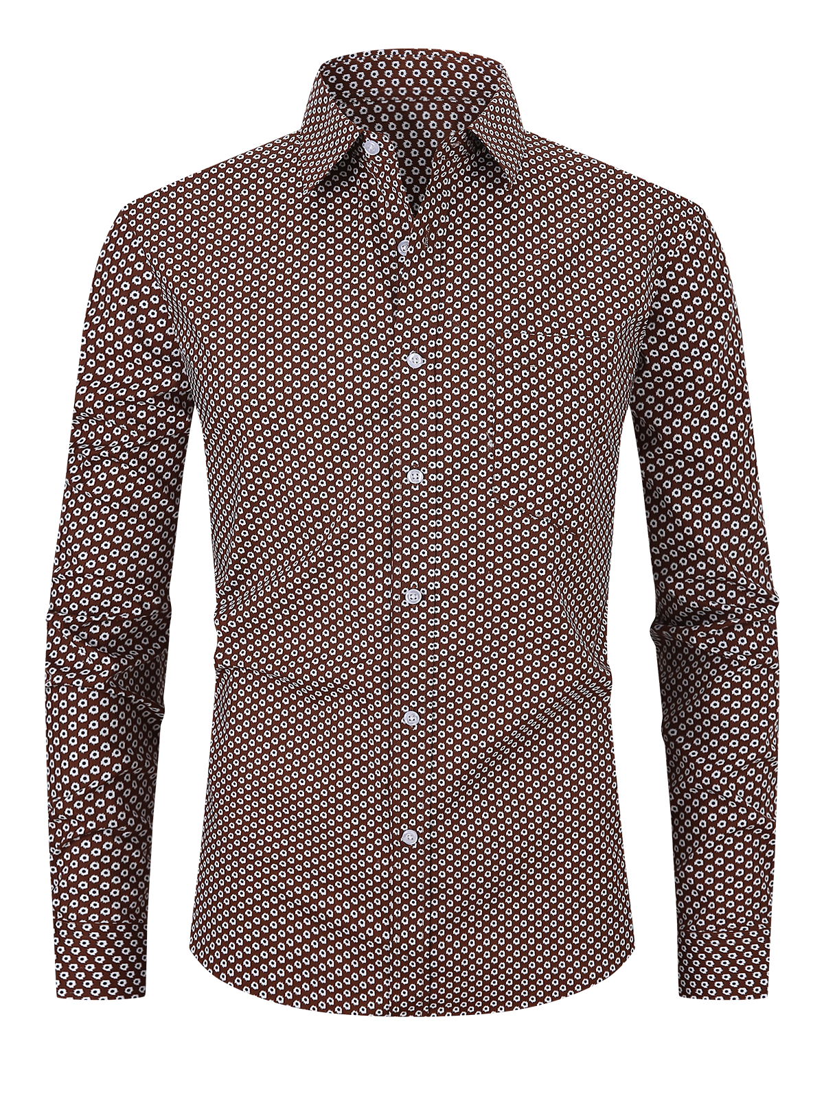 Men's Casual Print Button Up Brown Vintage Long Sleeve Dress Shirt