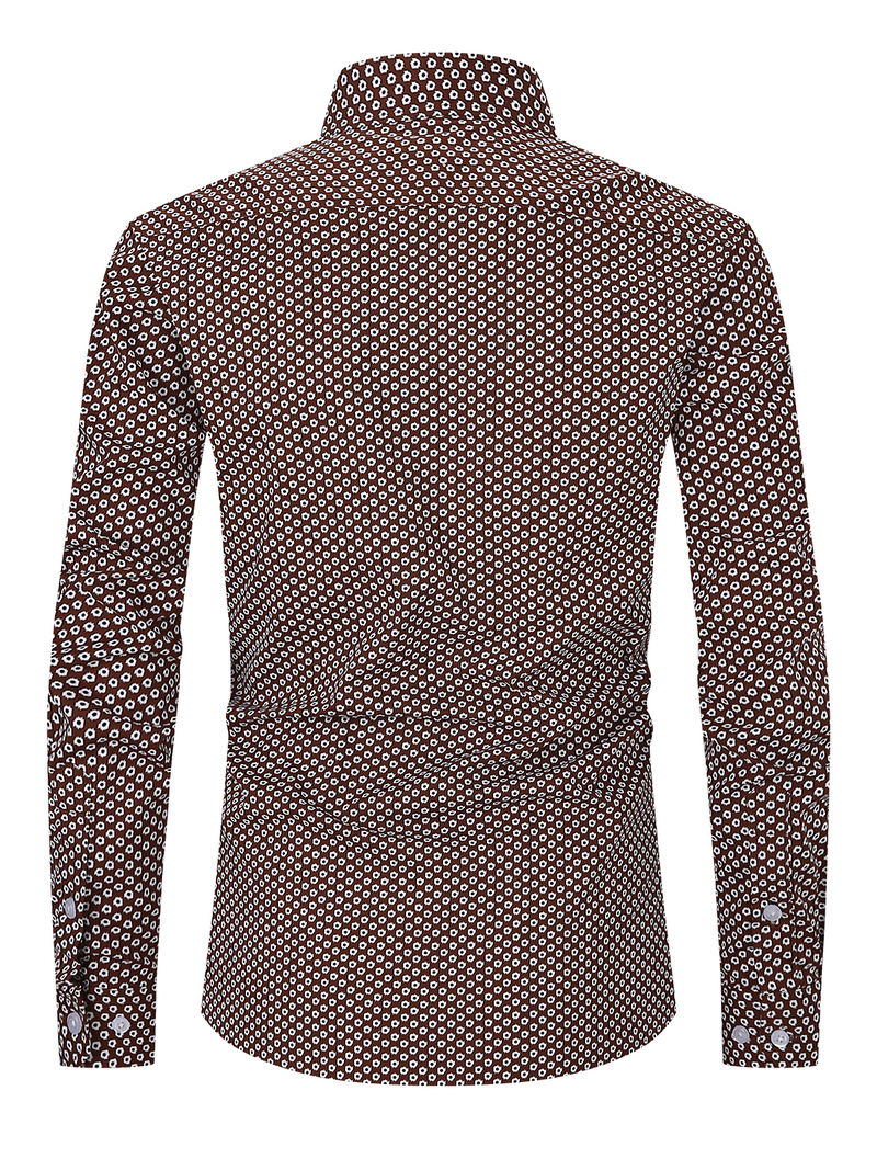 Men's Casual Print Button Up Brown Vintage Long Sleeve Dress Shirt