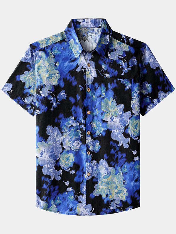 Men’s Tie Dye Floral Short Sleeve Button Up Breathable Cool Casual Shirt