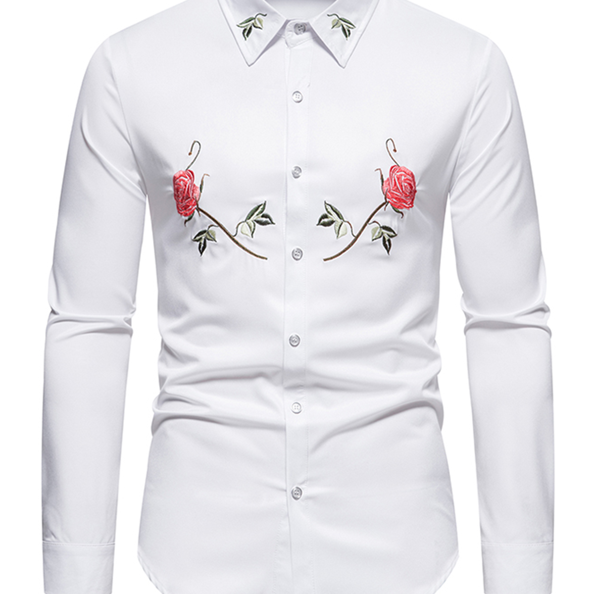 Camisa de vestir de manga larga con botones florales y bordado de rosas para hombre
