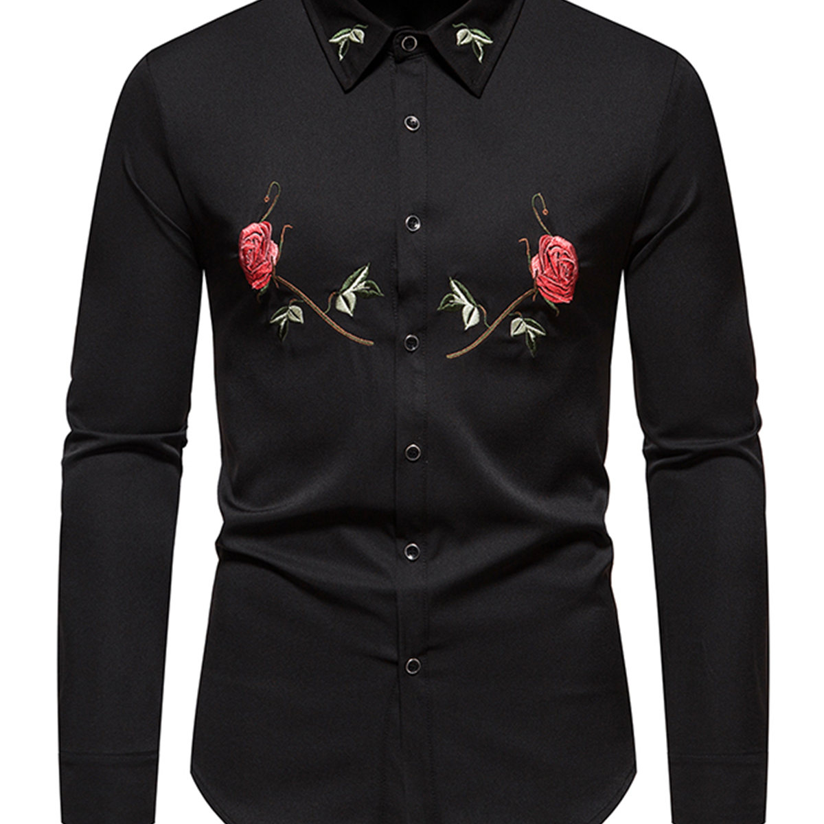 Camisa de vestir de manga larga con botones florales y bordado de rosas para hombre
