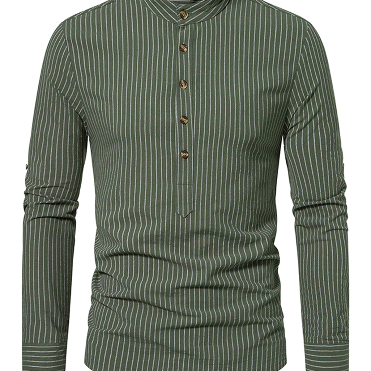 Camisa de manga larga con cuello henley de algodón a rayas verticales para hombre