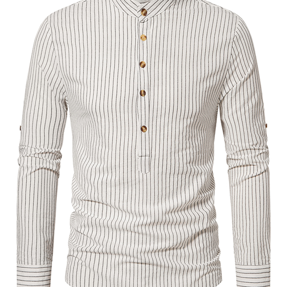 Camisa de manga larga 100% algodón con rayas verticales y cuello henley para hombre