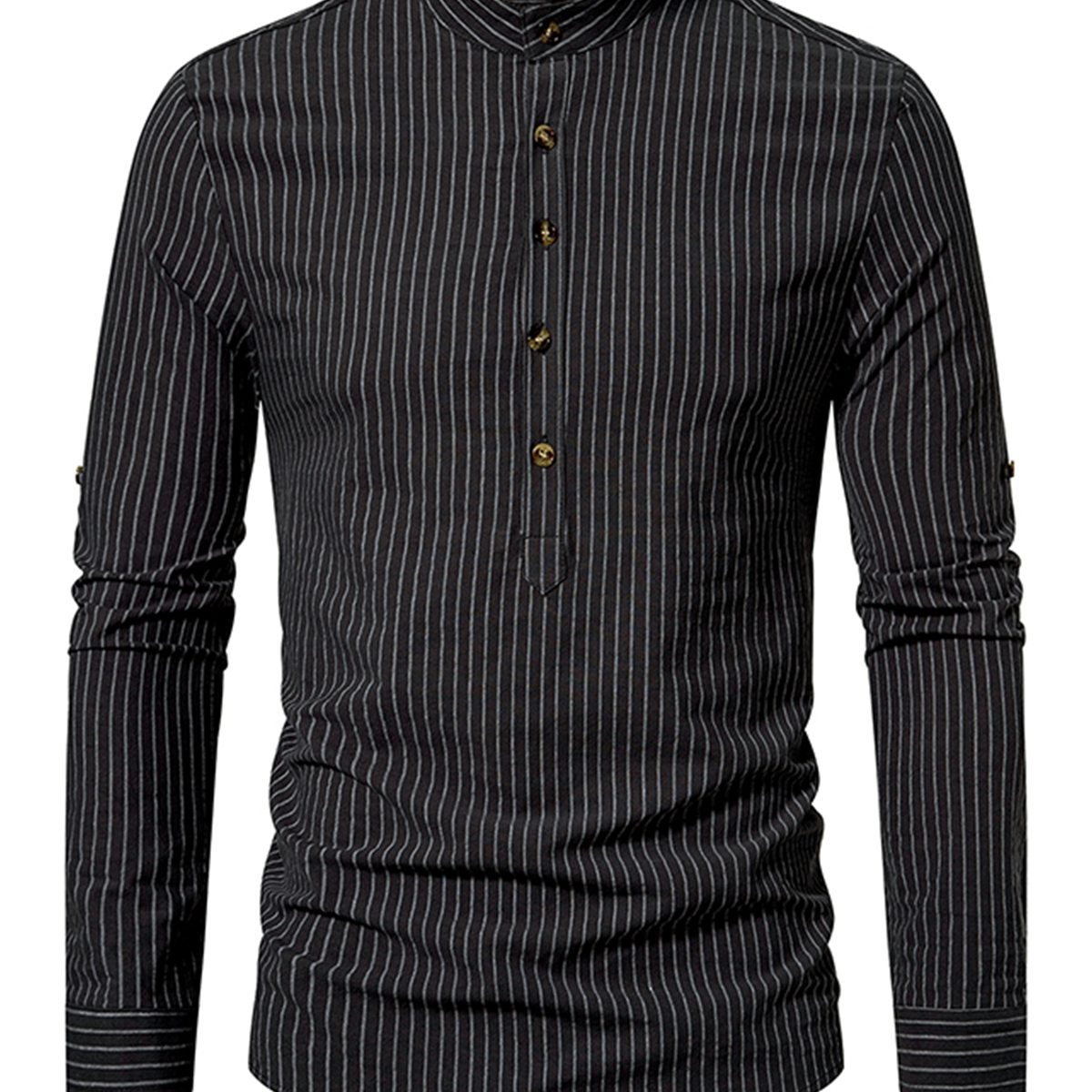 Men's Henley Collar Vertical Striped 100% Cotton Long Sleeve Shirt