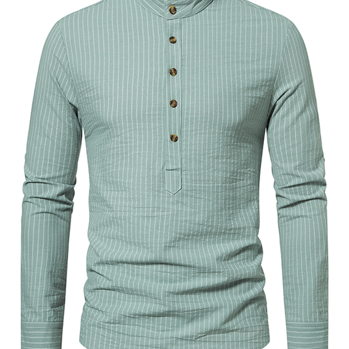 Camisa de manga larga 100% algodón con rayas verticales y cuello henley para hombre