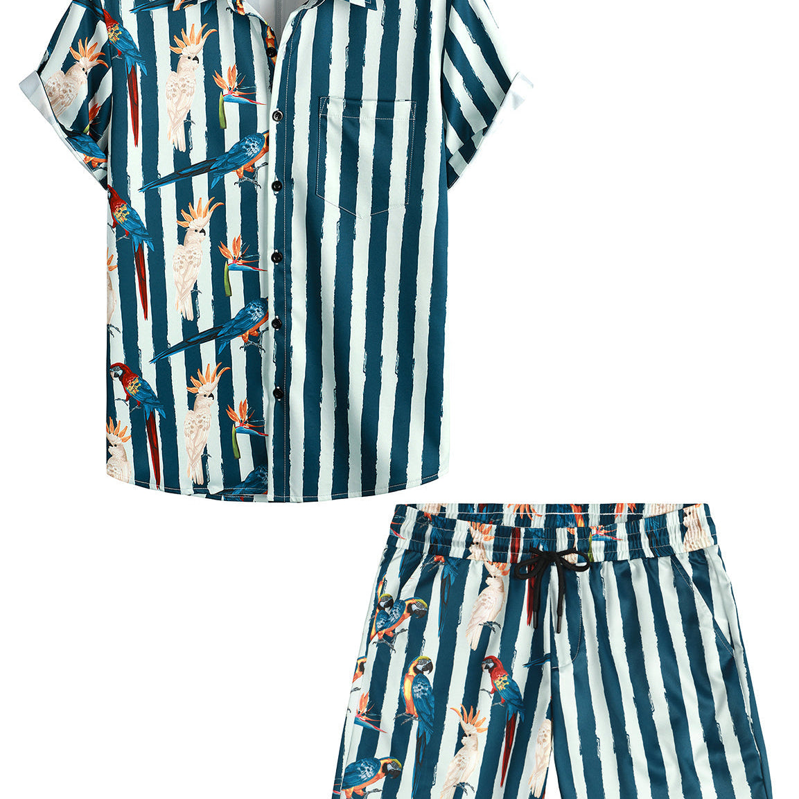 Men's Flamingo and Red Striped 2Pcs Pocket Suit Hawaiian Shirt and Shorts Set