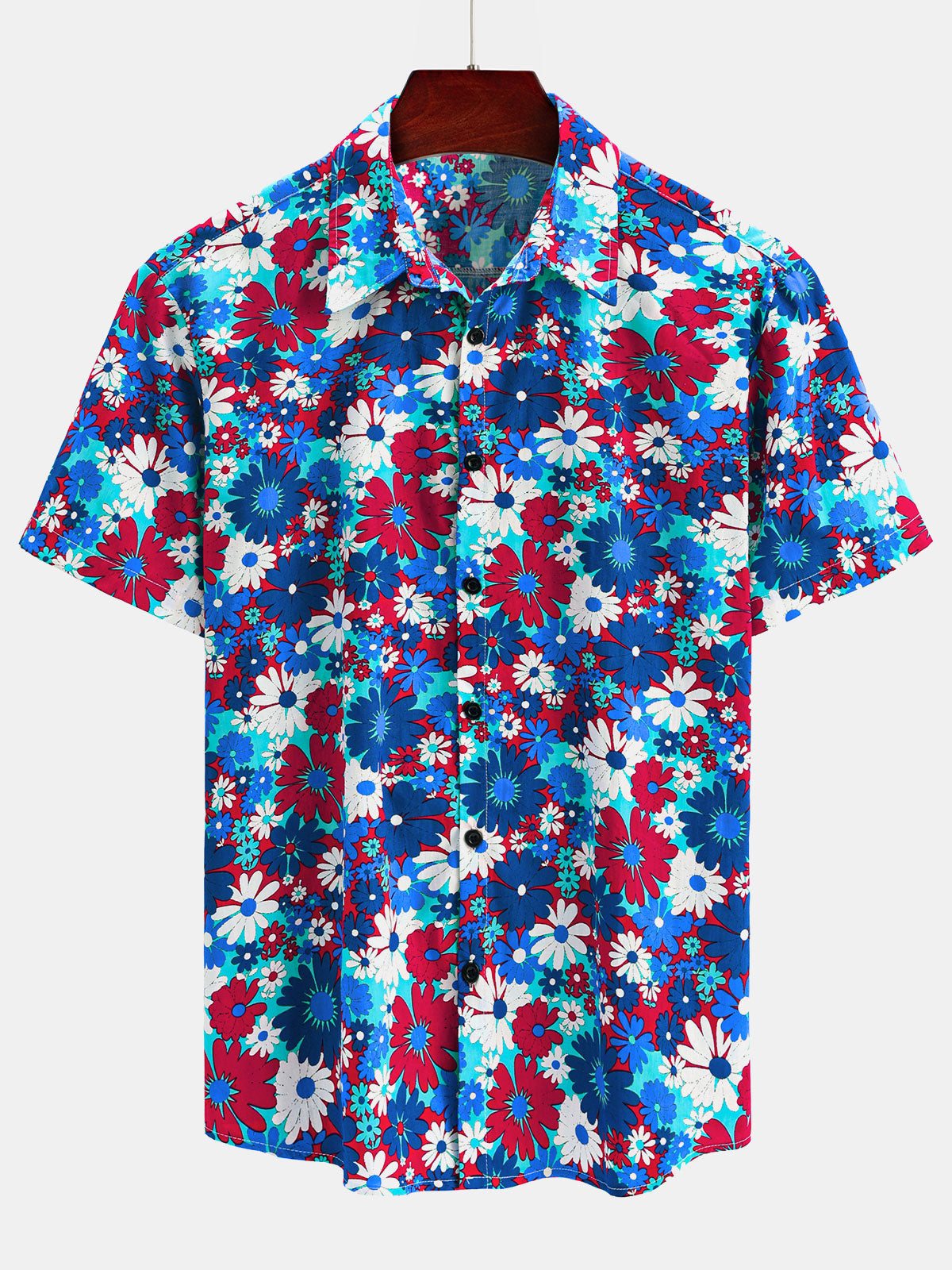 Men's Casual Cotton Floral Blue Short Sleeve Hawaiian Shirt