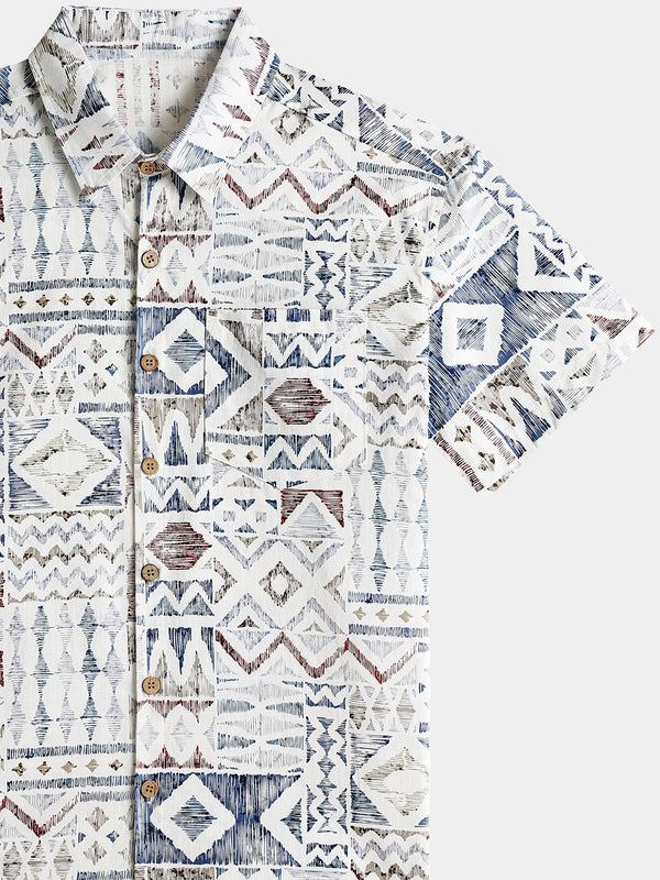 Men’s Vintage Geometric Pattern Short Sleeve Breathable Cool Casual Shirt