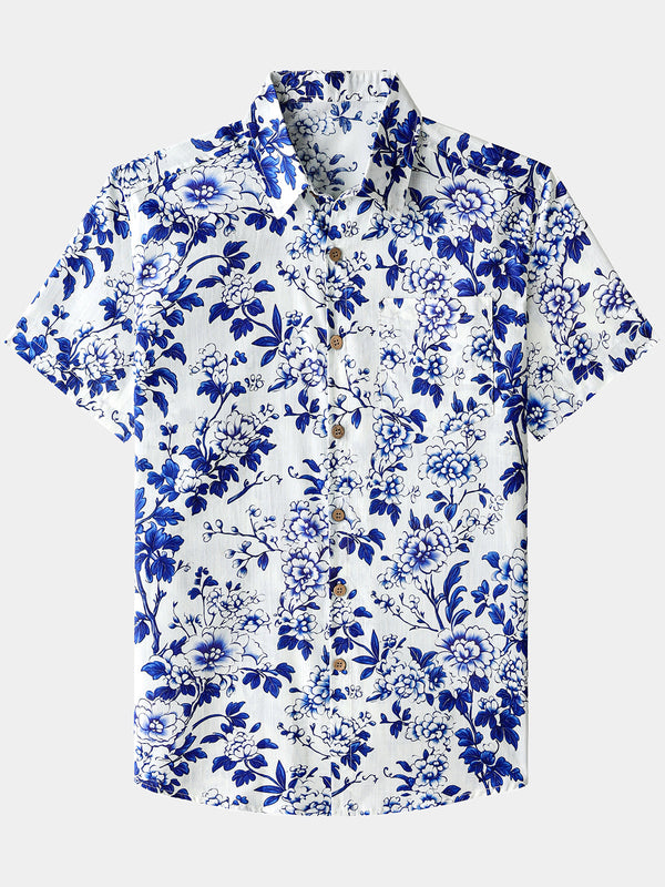 Men’s Blue Floral Short Sleeve Button Down Breathable Cool Casual Summer Shirt