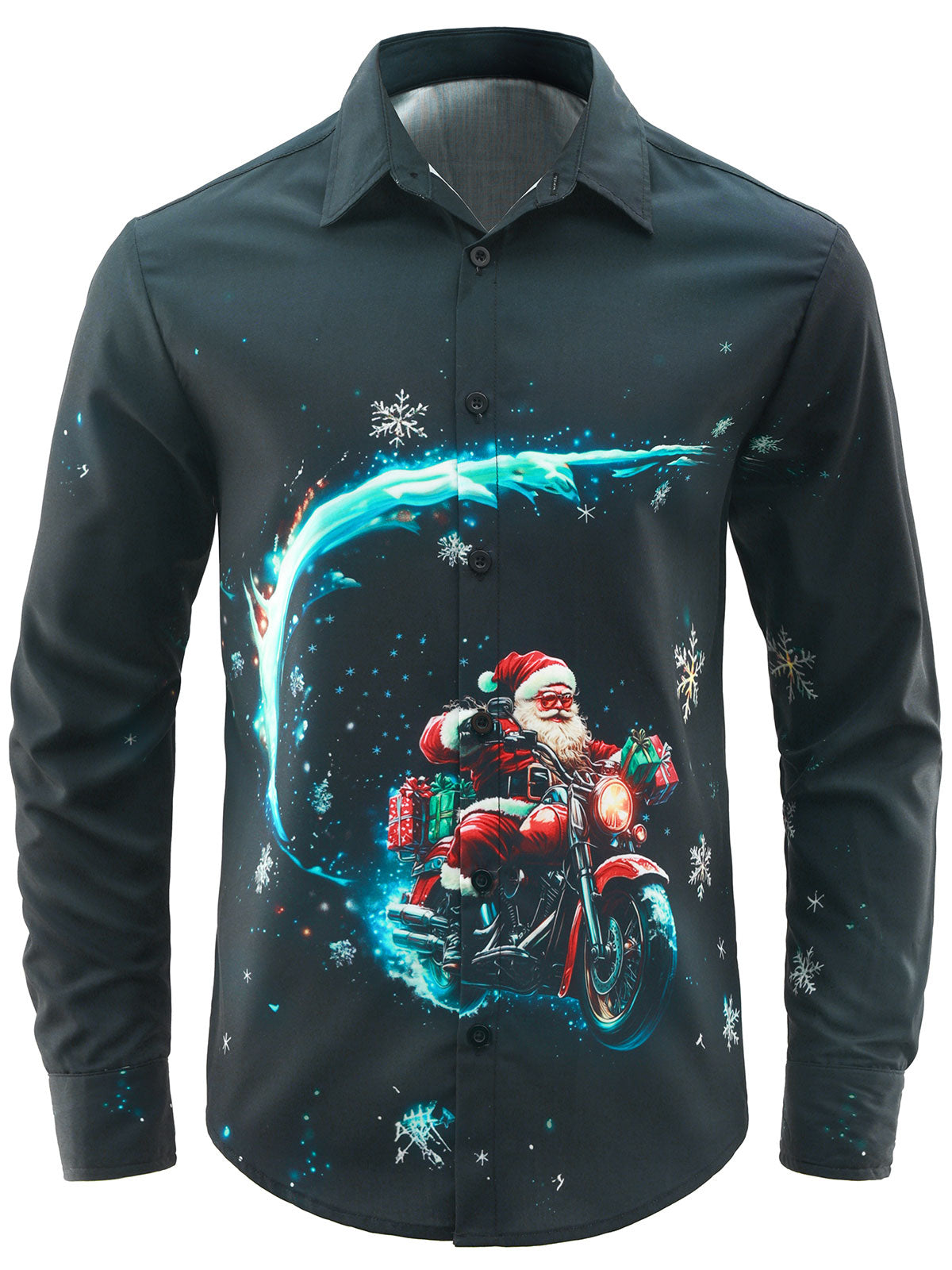Men's Funny Christmas Motorcycle Santa Holiday Button Long Sleeve Shirt