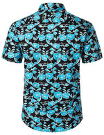 Men's Floral Cotton Short Sleeve Blue Flower Retro Summer Button Up Hawaiian Shirt
