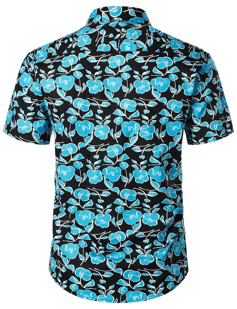 Men's Floral Cotton Short Sleeve Blue Flower Retro Summer Button Up Hawaiian Shirt
