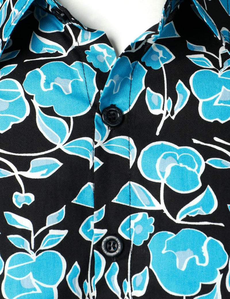 Men's Floral Cotton Short Sleeve Blue Flower Retro Summer Button Up Hawaiian Shirt