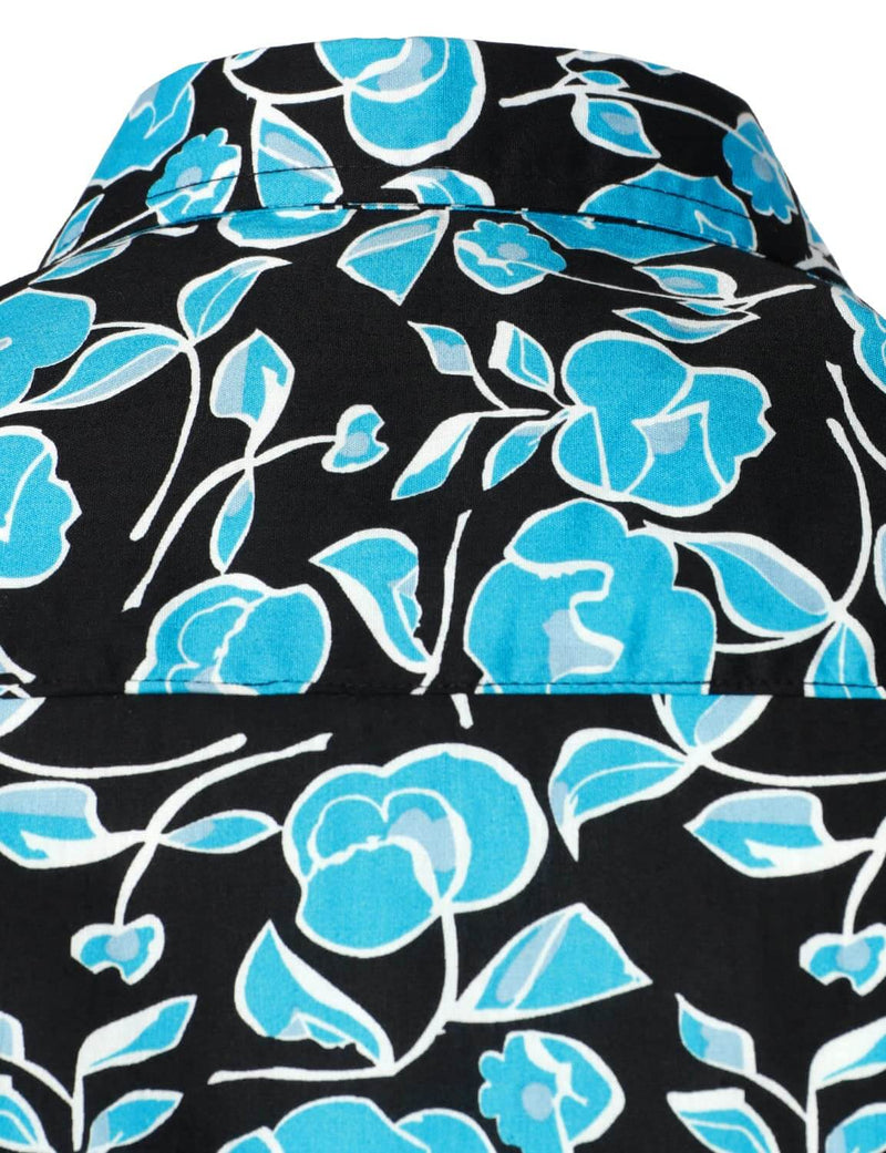Men's Floral Cotton Short Sleeve Blue Flower Retro Summer Button Up Hawaiian Shirt