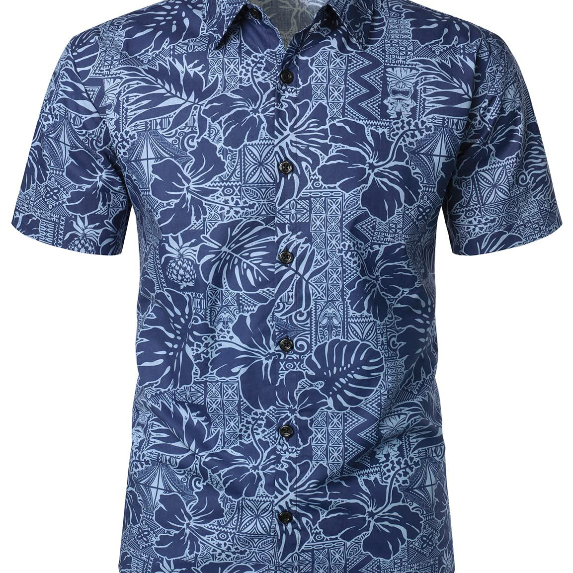 Camisa de verano de manga corta con botones de verano con estampado floral hawaiano azul marino para hombre