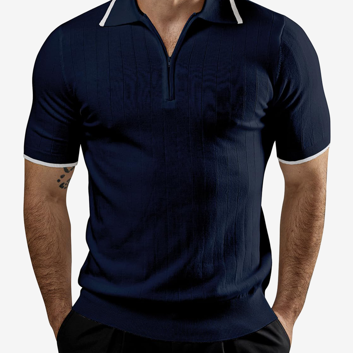 Men's Zipper Casual Short Sleeve Retro Knit Polo Shirt