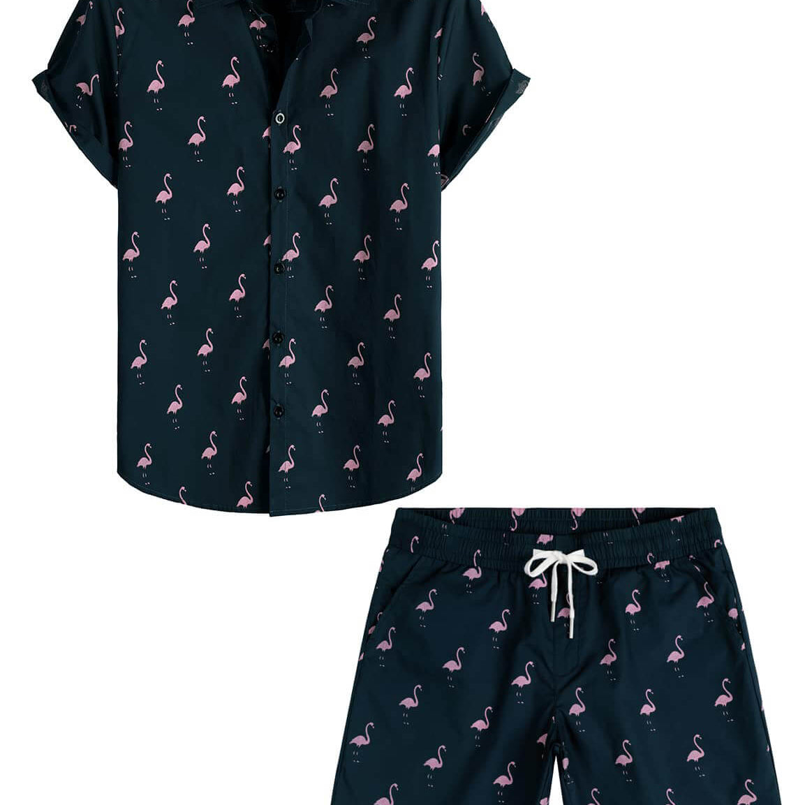 Conjunto de camisa y pantalones cortos de verano de algodón con botones de playa de flamenco azul para hombre