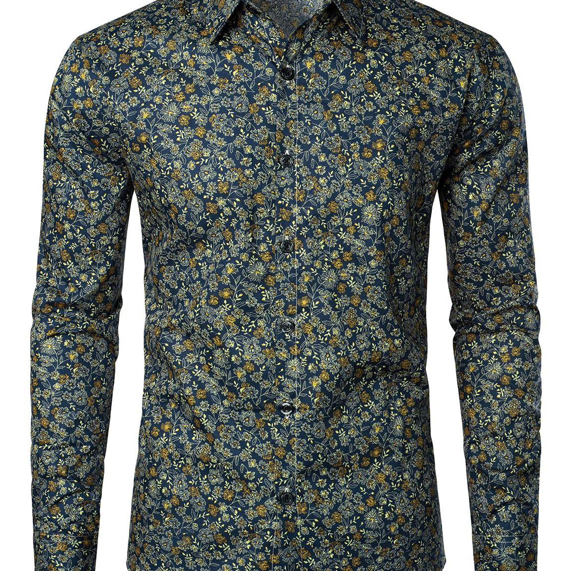Men's Navy Blue Vintage Floral Cotton Breathable Flower Button Long Sleeve Dress Shirt