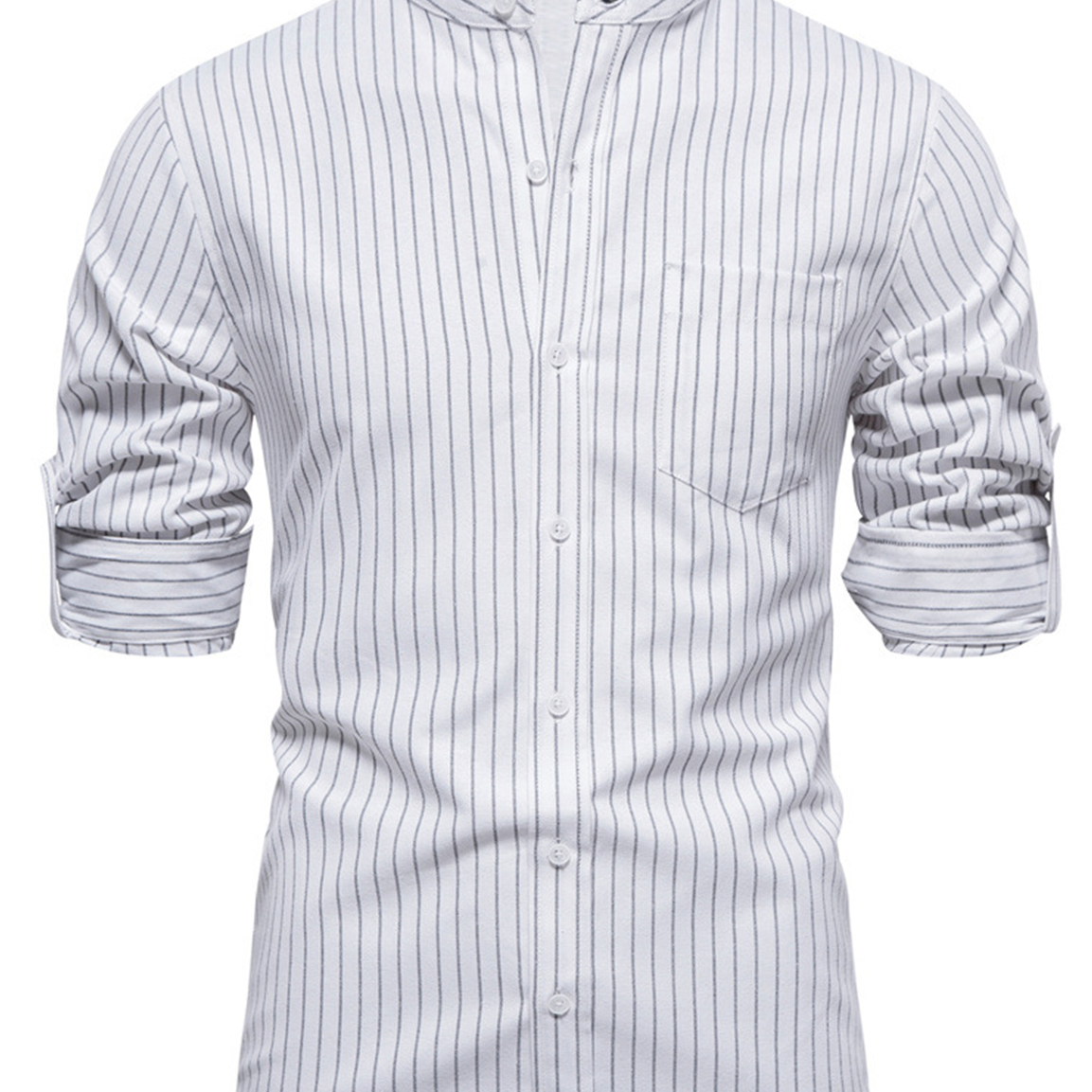 Men's Casual Striped Pocket Henry Collar Button Up Long Sleeve Shirt