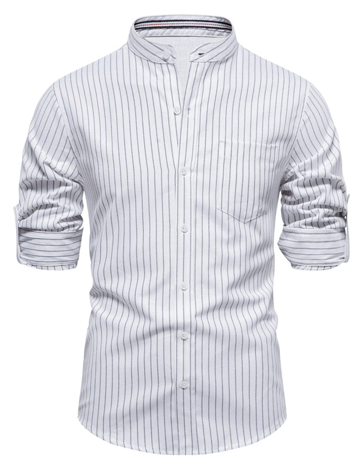 Men's Casual Striped Pocket Henry Collar Button Up Long Sleeve Shirt