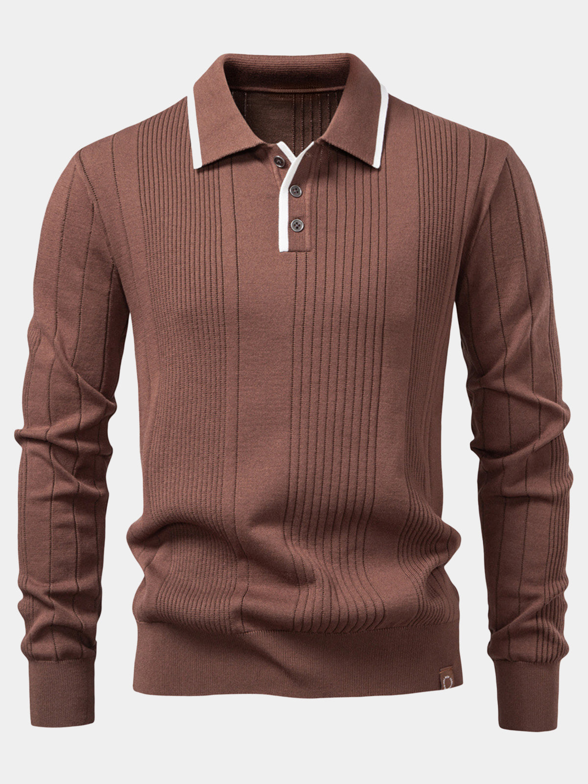 Men's Brown Striped Long Sleeve Knit Polo Shirt