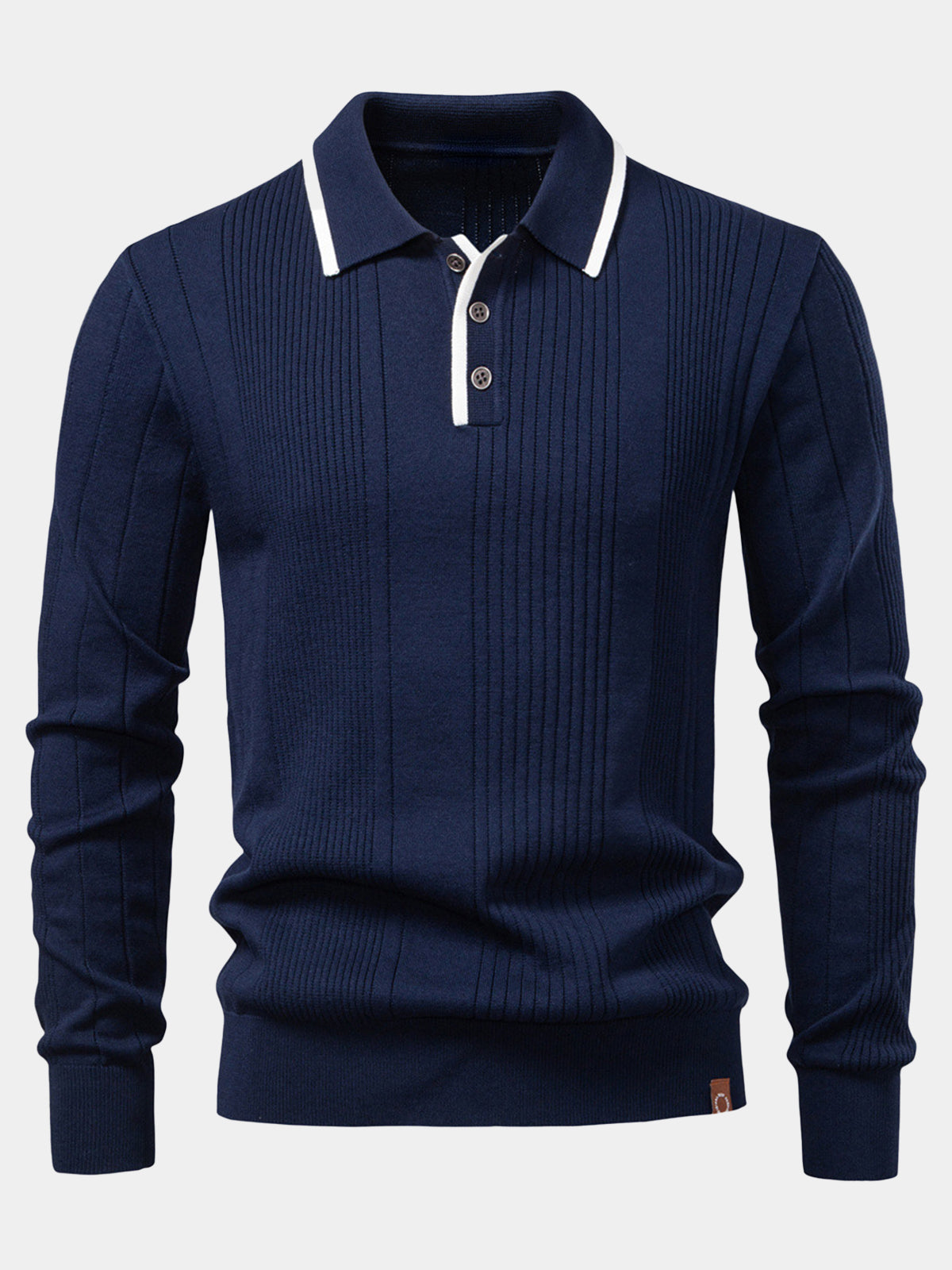 Men's Navy Blue Striped Long Sleeve Knit Polo Shirt