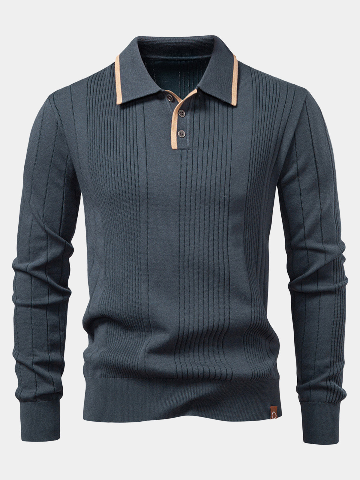 Men's Grey Striped Long Sleeve Knit Polo Shirt