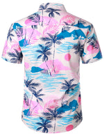 Men's Casual Tropical Island Vacation Hawaiian Pink Button Short Sleeve Shirt