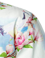 Men's Casual Pink Floral Crane Print Summer Button Up Short Sleeve Shirt