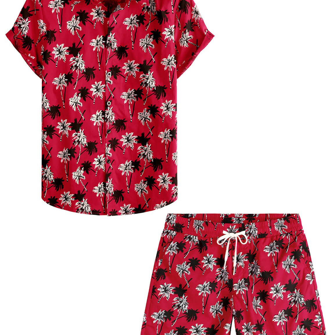 Conjunto de camisa y pantalones cortos a juego de playa hawaiana informal de verano con palmera roja para hombre