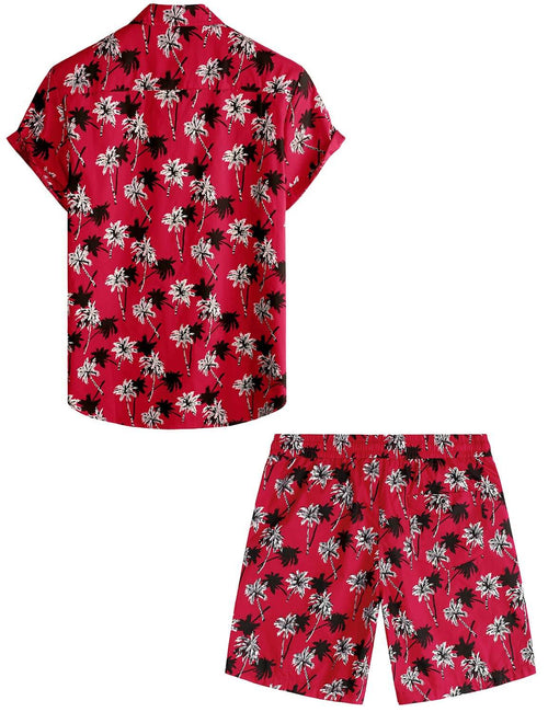Men's Red Palm Tree Summer Casual Hawaiian Beach Matching Shirt and Shorts Set