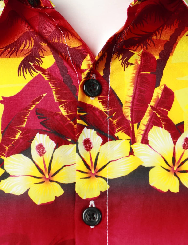 Men's Red Hawaiian Cotton Holiday Tropical Palm Tree Floral Short Sleeve Beach Button Shirt