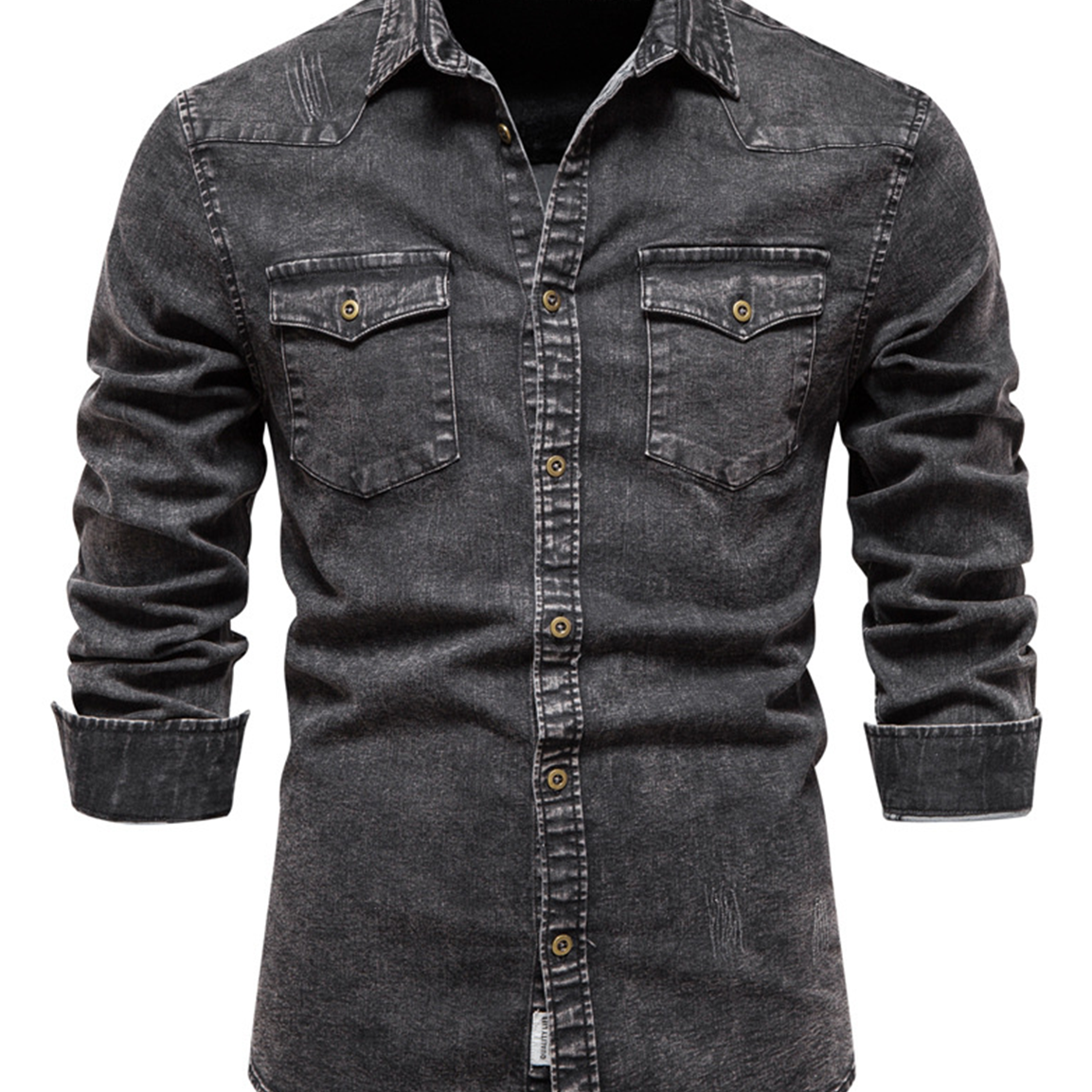 Camisa casual de manga larga con bolsillo de color sólido de algodón vaquero retro para hombre