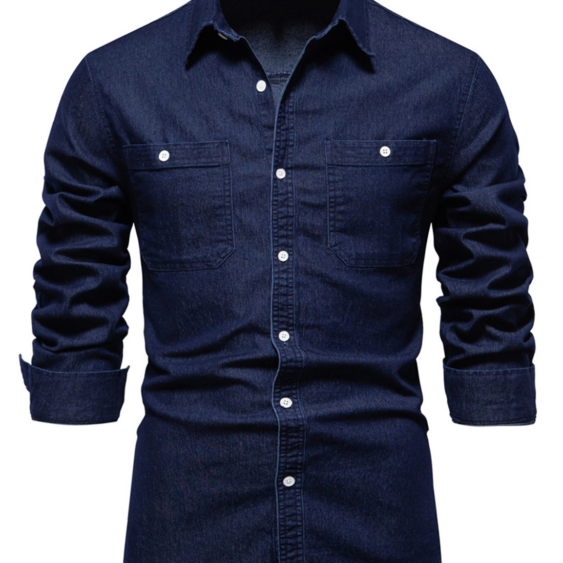 Men's Solid Color Denim Cotton Pocket Long Sleeve Shirt