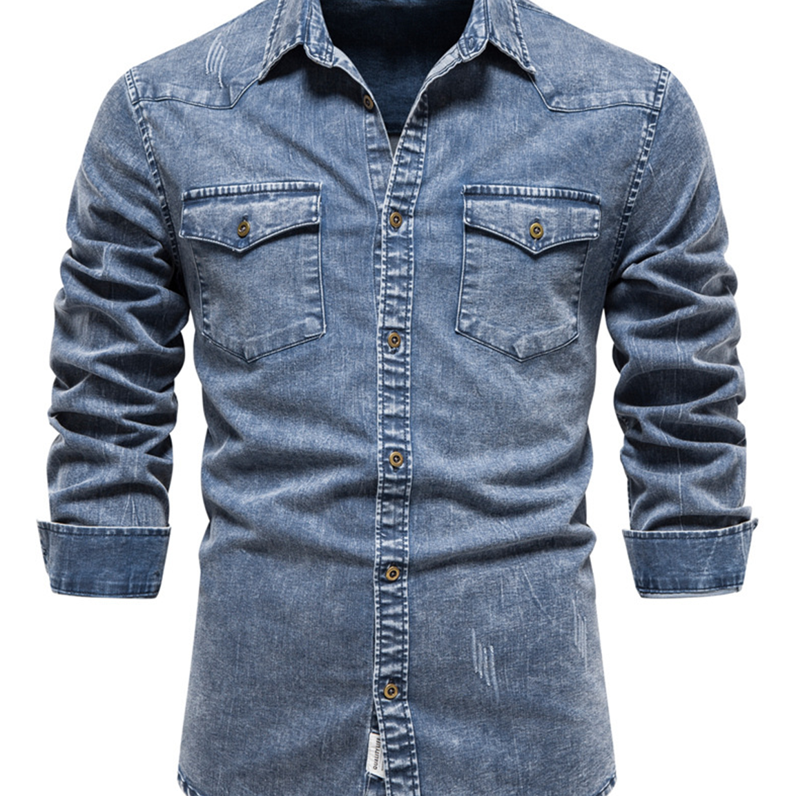 Camisa casual de manga larga con bolsillo de color sólido de algodón vaquero retro para hombre