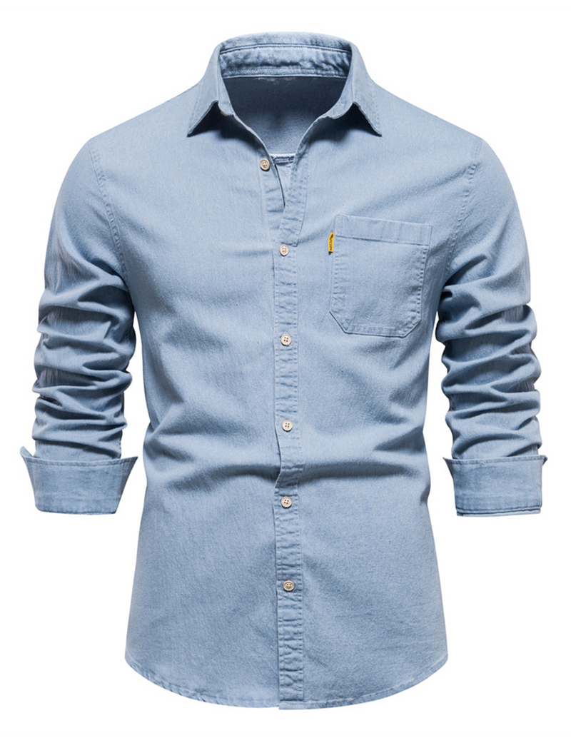 Men's Casual Denim Cotton Solid Color Pocket Long Sleeve Shirt