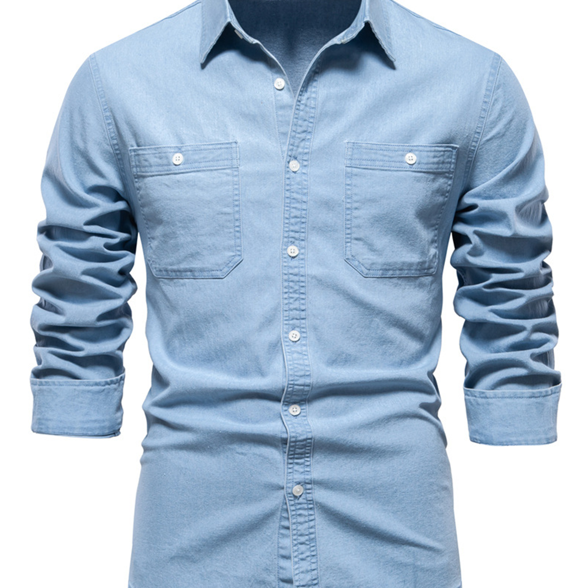 Camisa de manga larga con bolsillo de algodón vaquero de color liso para hombre