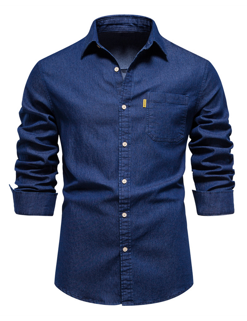 Men's Casual Denim Cotton Solid Color Pocket Long Sleeve Shirt